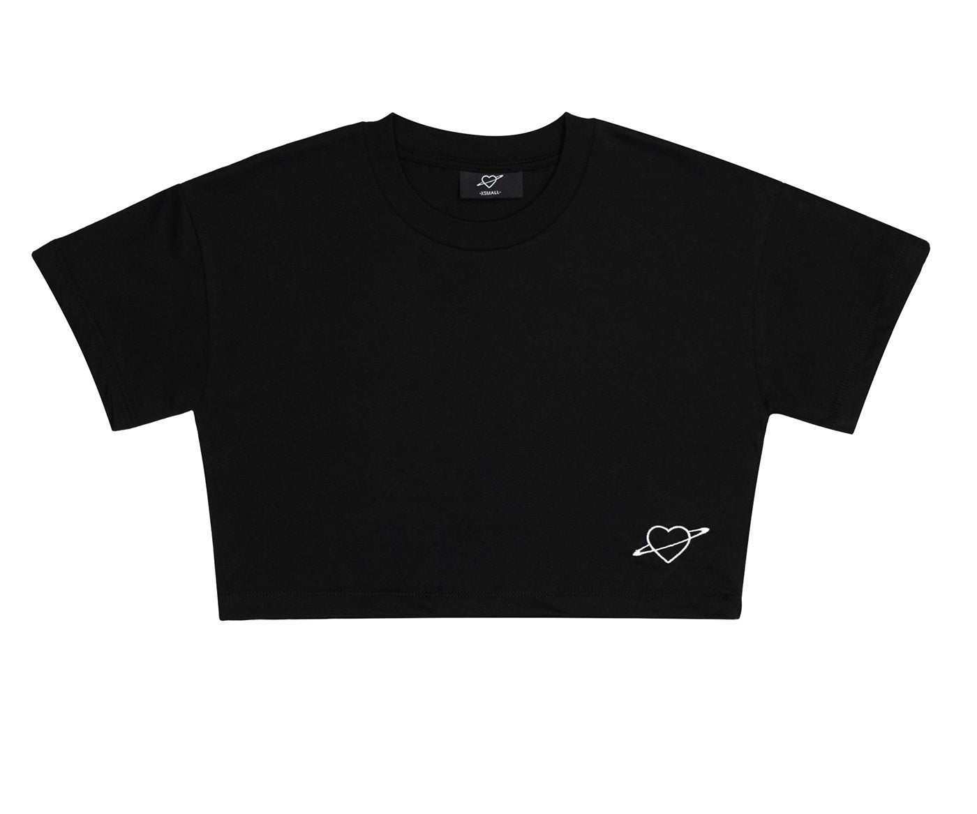 Crop-Tee, cropped geschnittenes T-Shirt aus Baumwolle mit 190 gsm für Frauen. Basic Tee in Schwarz mit hochwertigem Logo-Stick.